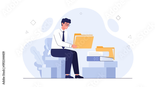 Businessman organizing documents in folders, office work concept