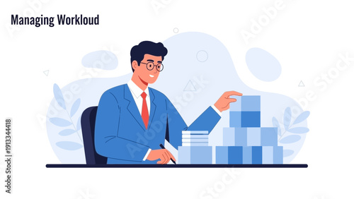 Businessman Managing Workload Stack of Boxes