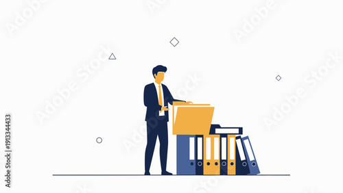 Businessman Organizing Files in Office, Paperwork Management