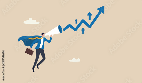 Growth or growing business success, increase sales or career improvement, earn more investment profit or earning, rising up or up trend concept, businessman superhero fly exponential growth chart.