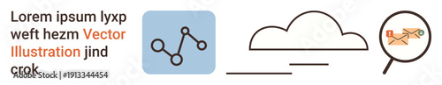 Technology, cloud computing, communication, data security, email protection, remote connectivity. a network icon, cloud shape and envelope under magnifying glass. Technology and cloud computing
