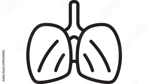 Lungs icon in bold outline style showing human respiratory organ and trachea, minimal medical line art symbol isolated on white background for healthcare design