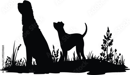 Two Loyal Dogs Sitting in Nature Grass Field Silhouette, Black Domestic Pet Vector Illustration, Animal Companionship Graphic for Outdoors and Family Home Design