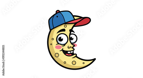 Cartoon Moon Character Wearing Baseball Cap.