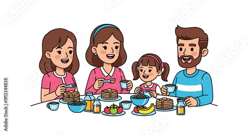 Family Enjoying Breakfast Together Cartoon Illustration.