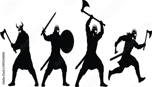 Set of black Viking warrior silhouettes with axes, swords, and shields, ancient Nordic fighters, cad drawing flat vector illustration, historical battle characters
