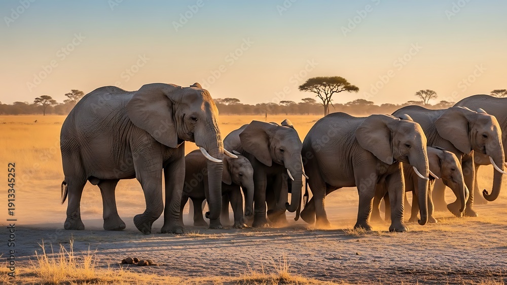 Fototapeta premium Majestic herd of African elephants walks together across the dusty savanna during a beautiful golden hour sunset