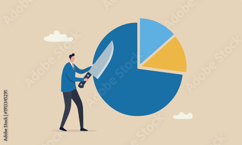 Market share revenue investment earning and profit pie chart, business competition percent diagram concept, businessman company owner cut out or split pie chart for his sharing part