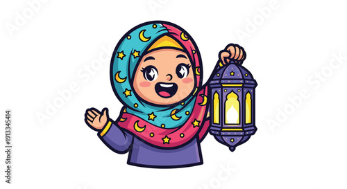 Young Muslim Girl Holding Lantern Smiling.