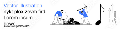 Teamwork, labor, mining, productivity, creative industry, growth. Two workers breaking rocks with tools near a musical note and arrows. Teamwork and labor concepts reflected in the scene