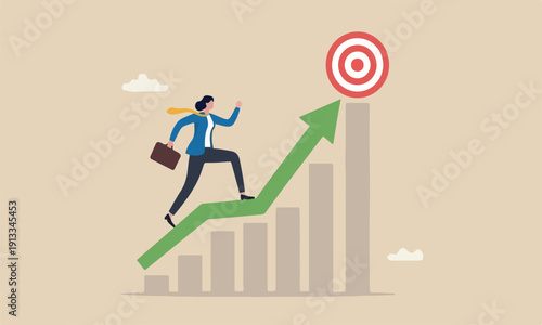 improvemen , progress challenge concept, businesswoman running up rising arrow on performance improvement bar graph.