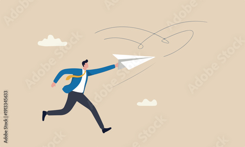 Start new business, startup entrepreneurship, creativity and inspiration to achieve business success concept, ambitious businessman running about to throwing to launch big paper airplane origami.