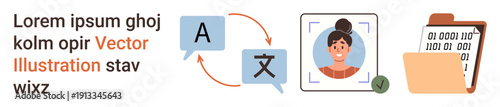 Language translation, biometric verification, data security, authentication, technology communication, privacy protection. Speech bubbles, woman s photo binary code document. Language translation