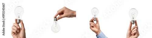 Foto Set and collection of hands holding various glass light bulbs and incandescent l