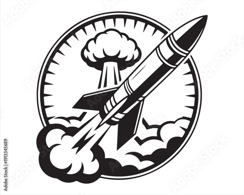 Missile Launch Badge with Explosion Cloud Vector Design