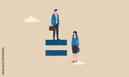 Gender woman such career, work or social rights issue concept, unequal or not equal sign with businessman on top level and businesswoman on lower level