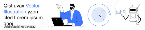 Time management, artificial intelligence, workflow optimization, digital collaboration, productivity tools, data analytics. Illustrated man with laptop, clock robot analyzing charts. Workflow