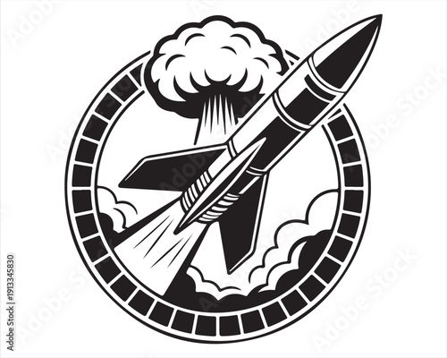 Missile Launch Emblem with Explosion Cloud Vector Illustration in Bold Black and White Military Badge Style