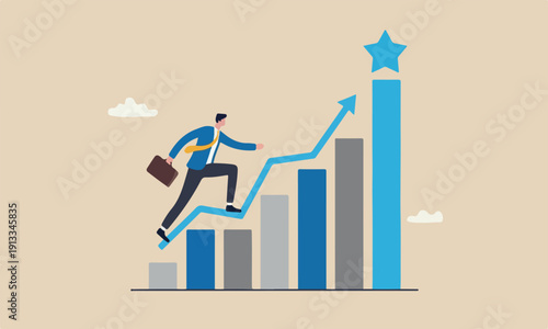 Effort to reach success, ambition or determination to grow and reaching goal, courage and growth concept, ambitious businessman climb up chart and graph to the top of high bar