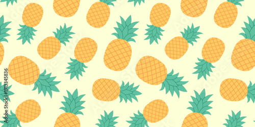 Seamless pattern with pineapple on pastel background. Tropical fruit repeat design for card, fabric, wrapping, wallpaper, textile, packaging and summer, beach, kids decor. Flat vector. Hand drawn.