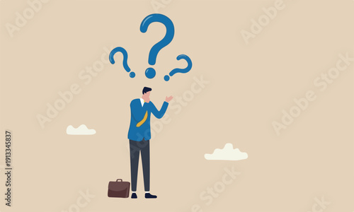 Ask yourself question, process self improvement, personal development, problem solving or review and evaluation concept, curious businessman asking himself for answer with big question mark