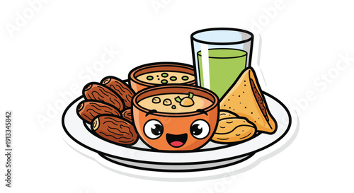 Cartoon Food on Plate with Drink.