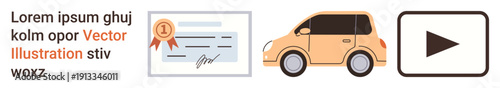 Certification, mobility, digital media, achievement, transport, multimedia. A certificate with a ribbon, a car and a play button icon. Certification and mobility concepts in digital and transport