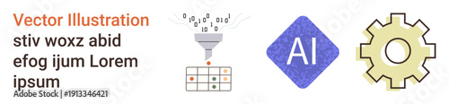 Artificial intelligence, data analysis, machine learning, automation, technology processes, computing systems. Binary data funneling into a grid, AI symbol and gear icon. AI and data analysis