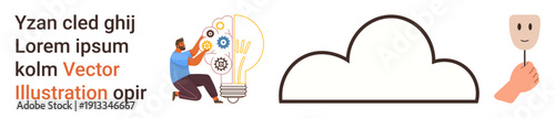 Innovation, creativity, cloud storage, conceptual thinking, identity, technology. A person with gears and a bulb, a cloud outline and a hand holding a mask. Innovation and creativity concept