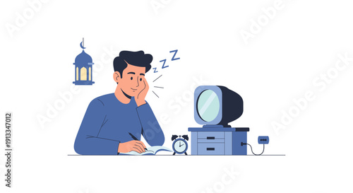 Tired Man Working Late at Desk with Alarm Clock and Lamp