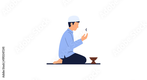 Man Praying with Crescent Moon Symbol and Water Bowl