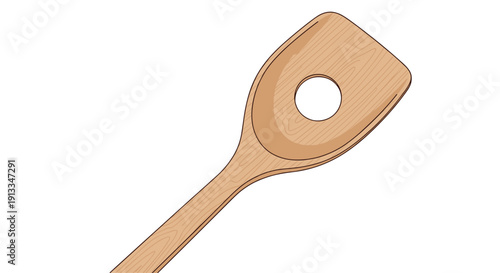 Wooden kitchen spatula with a center hole design used for cooking and mixing ingredients in various culinary preparations.