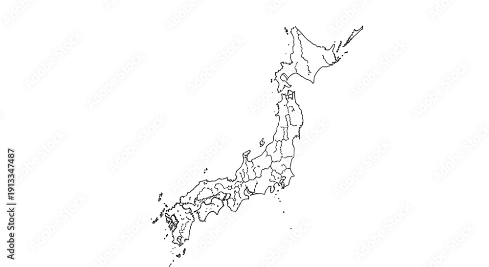 Fototapeta premium Detailed black outline map of the japanese archipelago showing the borders of various prefectures and the main islands.