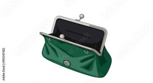Stylish open green leather purse with a silver clasp, perfect for holding small personal items during an evening out or event.