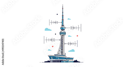 Tall futuristic telecommunications tower with satellite dishes and antennas reaching high into the sky for signal broadcasting.