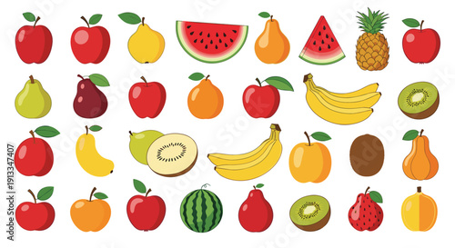 Colorful collection of diverse fruit illustrations including apples, pears, bananas, watermelons, and kiwis on a white background.