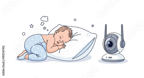 Small baby sleeping peacefully on a pillow while a wireless baby monitor camera keeps a watchful eye for safety in the nursery.