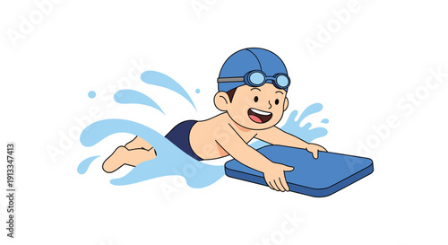 Happy young boy wearing a blue swim cap and goggles while practicing his swimming kicks with a floating kickboard in the water.