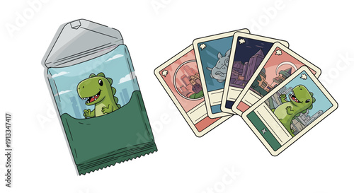 Open pack of collectible trading cards featuring cute dinosaur characters and city landscapes for children to play and trade.