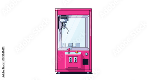 Bright pink arcade claw machine with a metal gripper inside, waiting for players to try their luck at winning a prize or toy.