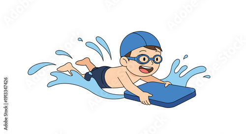 Young child in a blue swim cap and goggles happily splashing through the water while holding onto a blue floating kickboard.