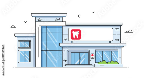 Modern dental clinic building with a clean facade and a tooth logo sign, offering professional healthcare and oral services.