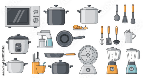 Large collection of kitchen tools and appliances including a microwave, rice cooker, blender, and various cooking utensils.