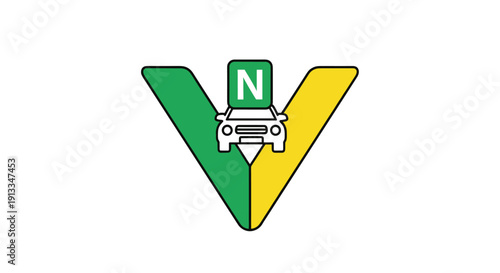 Icon of a white car with a green 'N' plate and a large 'V' shape, representing a learner driver or new driver on the road.