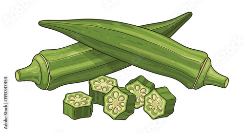 Whole fresh green okra pods and several cross-section slices showing the seeds, ideal for cooking healthy vegetable dishes.