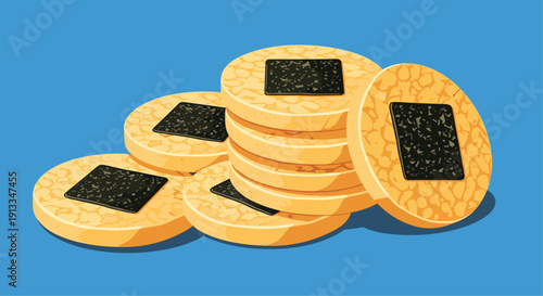 Stack of round japanese rice crackers known as senbei, topped with a square piece of dark roasted seaweed for a salty snack.