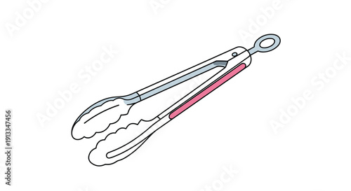 Professional metal kitchen tongs with red silicone handles, used for gripping and turning food items during cooking or grilling.