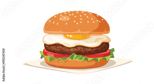 Delicious gourmet burger with a juicy meat patty, a perfectly fried sunny-side-up egg, fresh lettuce, and tomato slices.