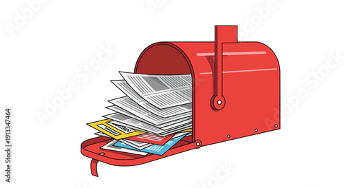 Classic red metal mailbox stuffed full of newspapers, letters, and colorful flyers, waiting to be emptied by the homeowner.