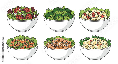 Assortment of six various salad bowls containing fresh vegetables, fruits, and greens for a healthy and balanced diet.